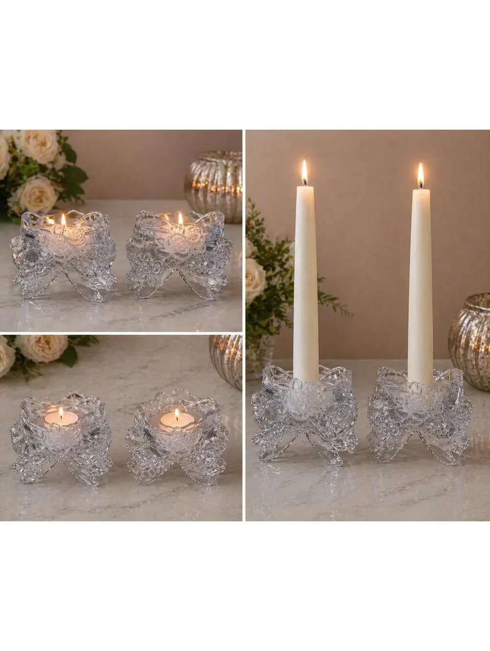 Vintage Floral Glass Candle Holders Pair Rose Bow Romantic Decor